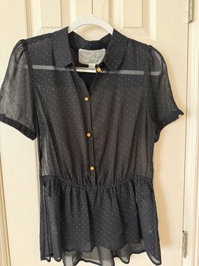 Black Sheer Raised Metallic Polka Dot Jeweled Button-Front Peplum Top